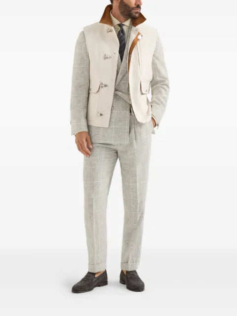 Brunello Cucinelli linen Prince of Wales one-and-a-half breasted deconstructed blazer with metal buttons