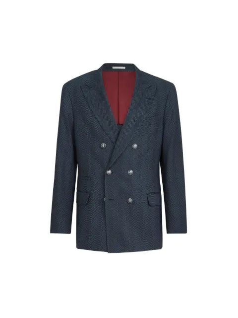 Brunello Cucinelli cashmere and silk chevron flannel one-and-a-half breasted deconstructed blazer with metal buttons