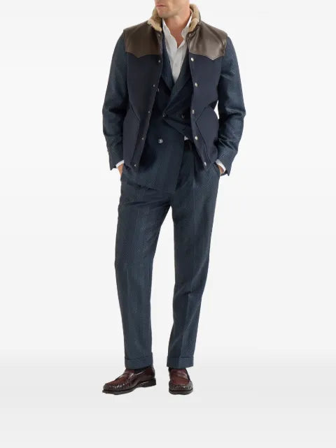 Brunello Cucinelli cashmere and silk chevron flannel one-and-a-half breasted deconstructed blazer with metal buttons