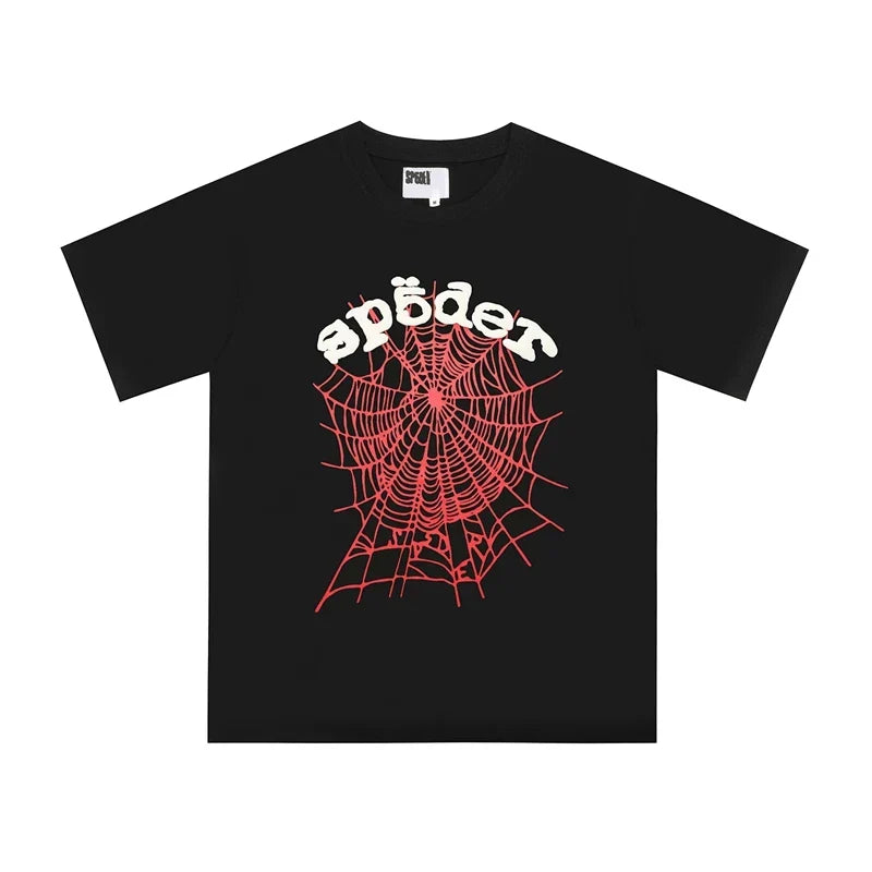 Sp5der Red Web & White Letter Graphic Black Short Sleeve T-Shirt
