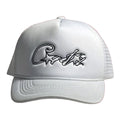 Corteiz Vintage White Trucker Hat with Black Script and Star Graphic