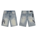 AMIRI Light Blue Distressed Monogram Denim Shorts