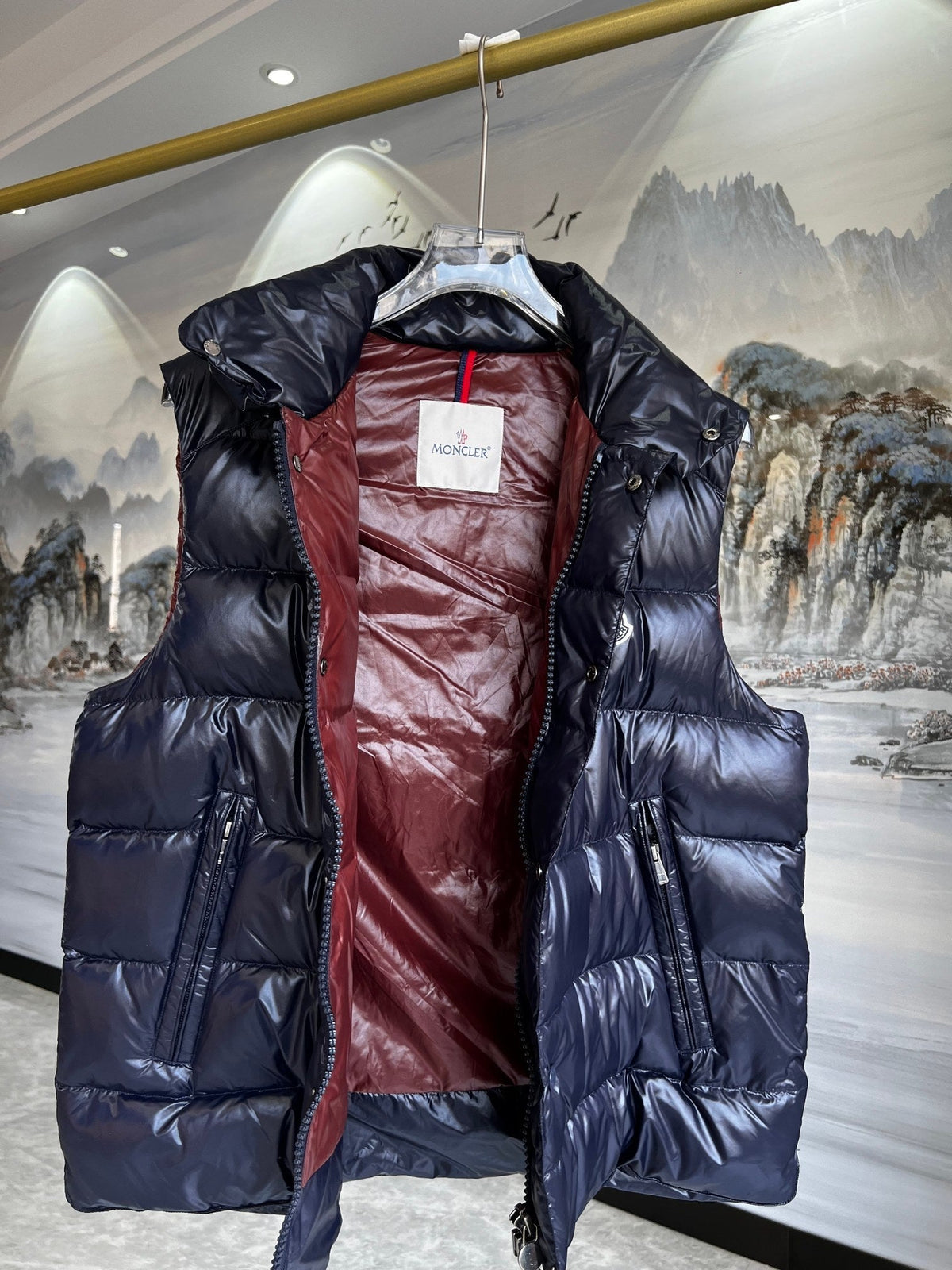 Moncler Dark Navy Glossy Puffer Vest with Stand Collar