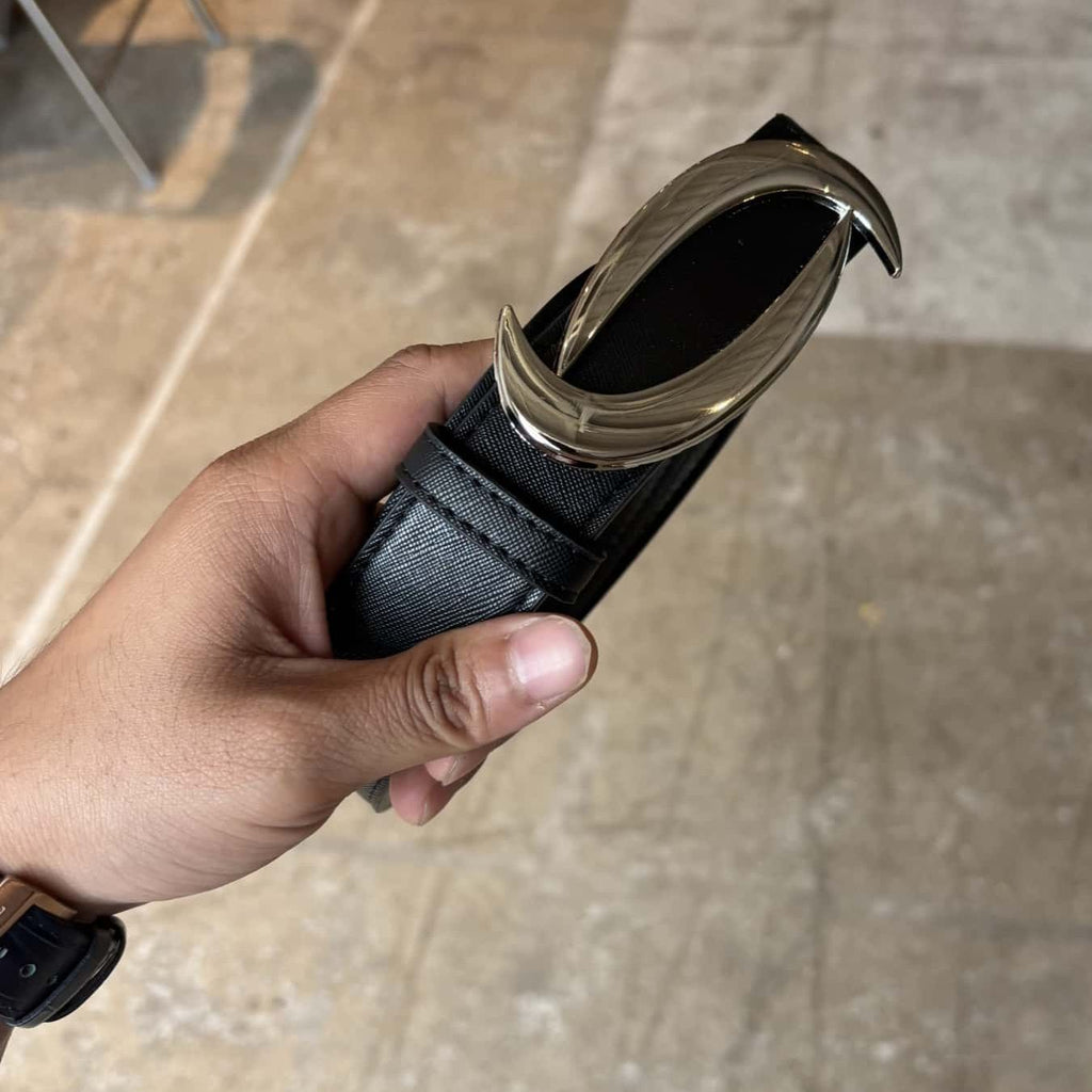 Curved Metal Buckle Full Grain Leather Belt Black Casual Mens Waist