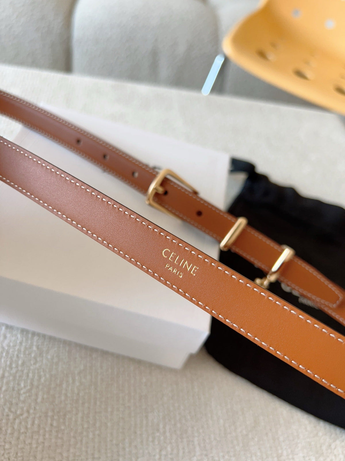 CELINE CL BELT 18MM IN BROWN TAURILLON CALFSKIN GOLD BUCKLE