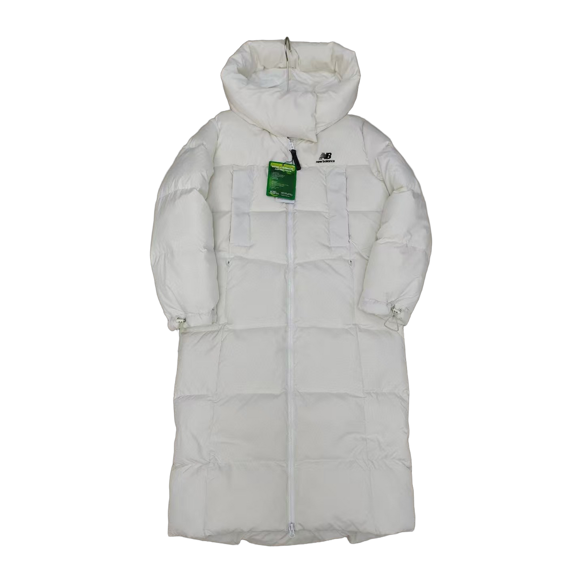 New Balance Hooded Long Puffer Coat – Off White | Full-Length Athletic Winter Coat