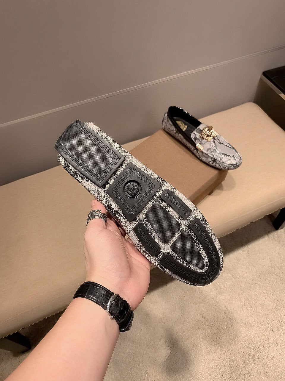 Versace Men's Gray Snakeskin Slip-On Loafers