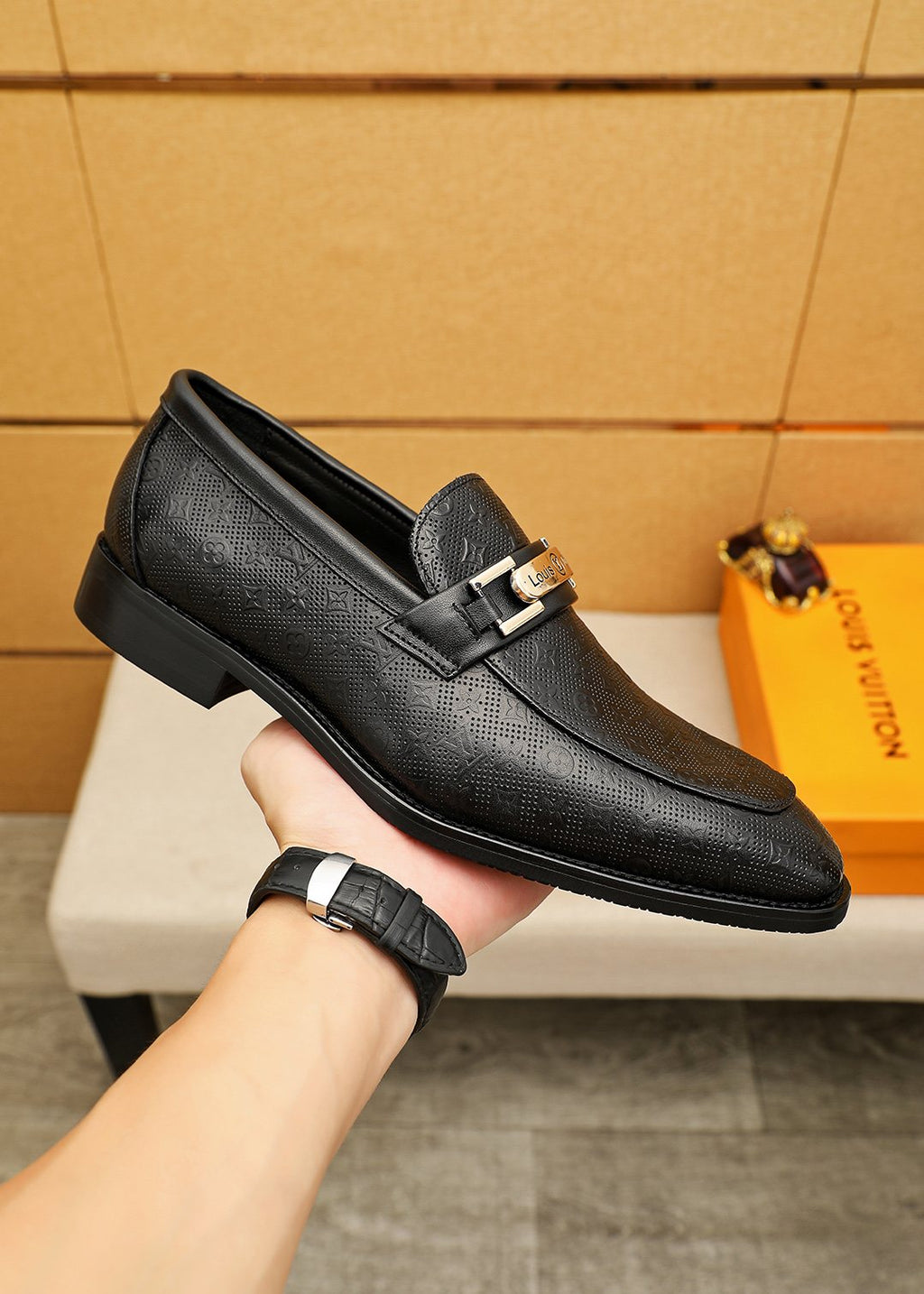 Louis Vuitton Men's Black Textured Buckle Loafers - Stacked Heel