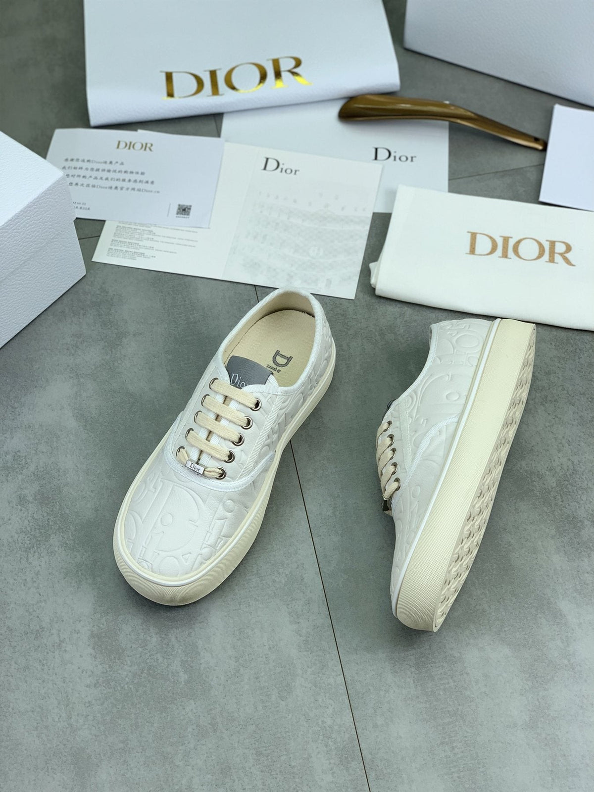 Dior White Embossed Low-Top Sneakers
