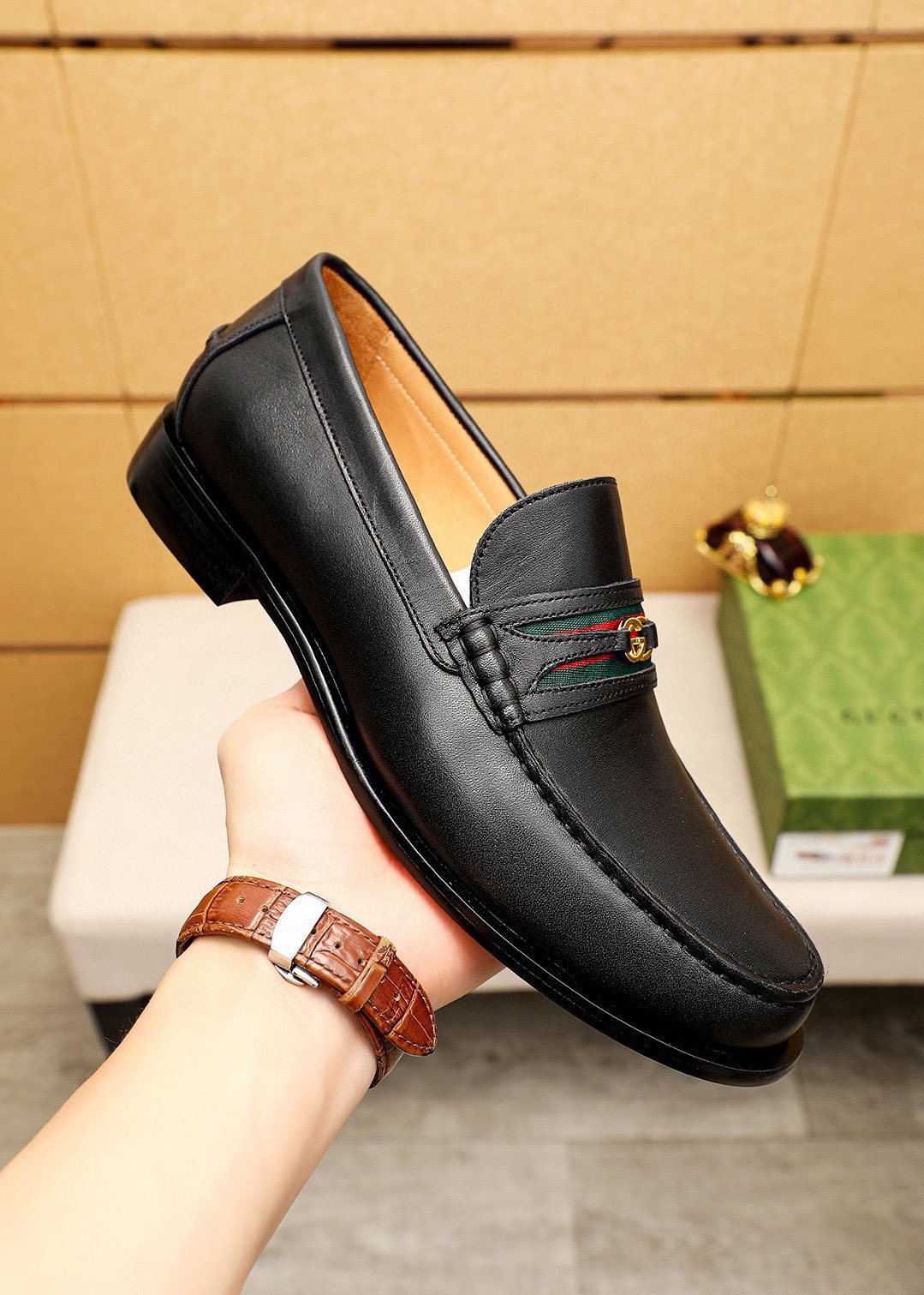 Gucci Web Stripe Leather Loafers