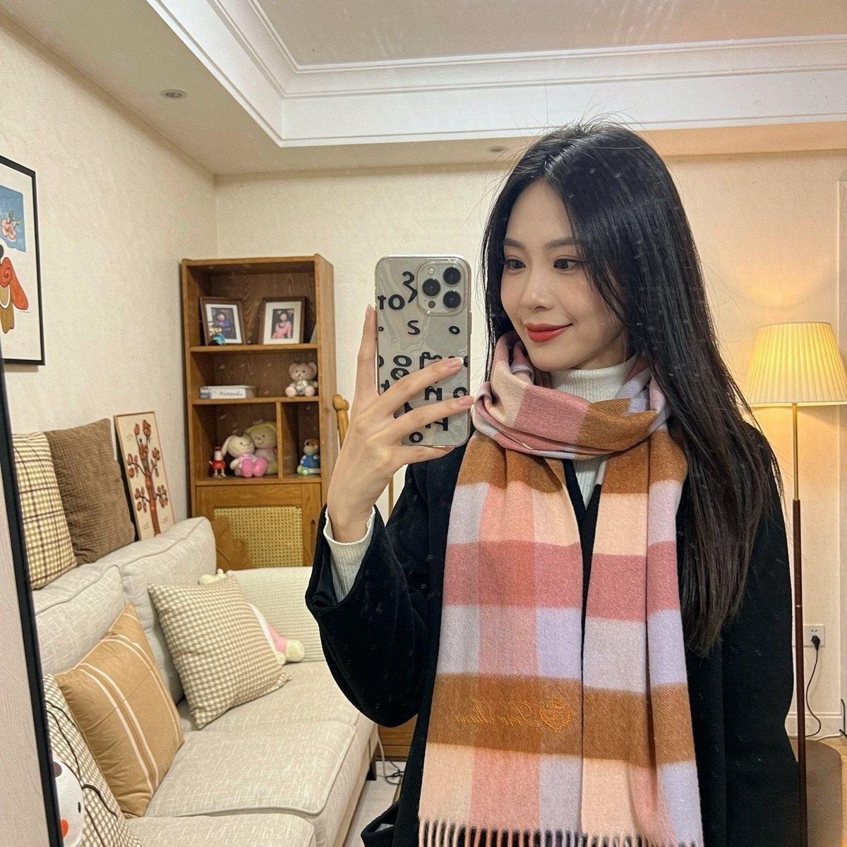 Loro Piana Pink Tan Lavender Plaid Scarf